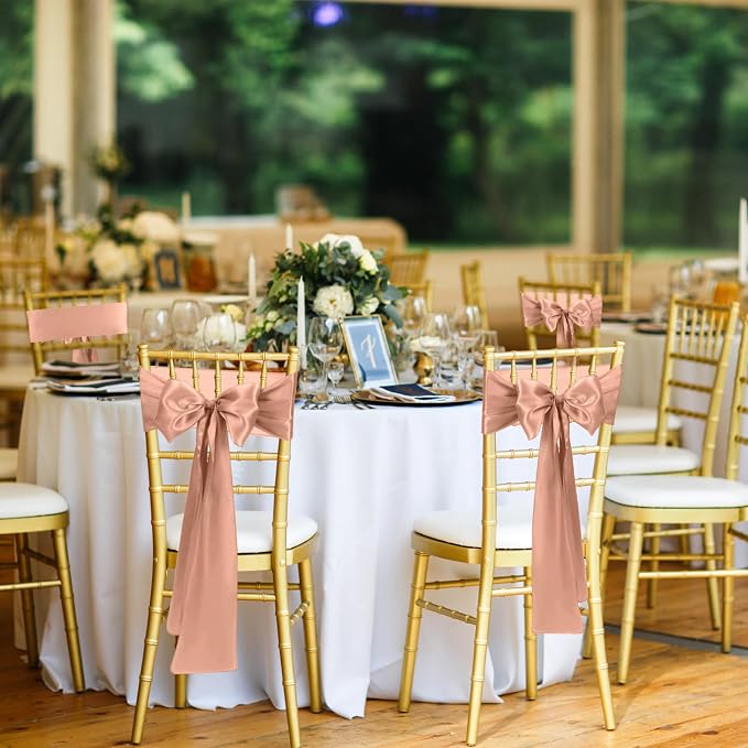 50 PCS Rose Gold Satin Chair Sashes Bows Universal Chair Ribbon Ties Back Sash for Wedding Party Reception Events Banquets Hotel Event Chair Cover Decoration (7x108 inch) - Image 5