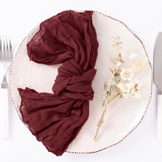 DeZerlor Burgundy Washable Cheesecloth Napkins Set of 12 for Wedding Party | Reusable Cloth Napkins Bulk, for Bridal Baby Shower Dinner Cocktail Birthday Home, 21x21 Inches - Image 2