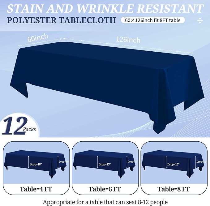 12 Pack Navy Blue Tablecloths for 8ft Tables-60 x 126 Inch | Polyester Table Cover, Stain and Wrinkle Resistant Washable Fabric Table Cloth, Perfect for Wedding Banquet Parties - Image 2
