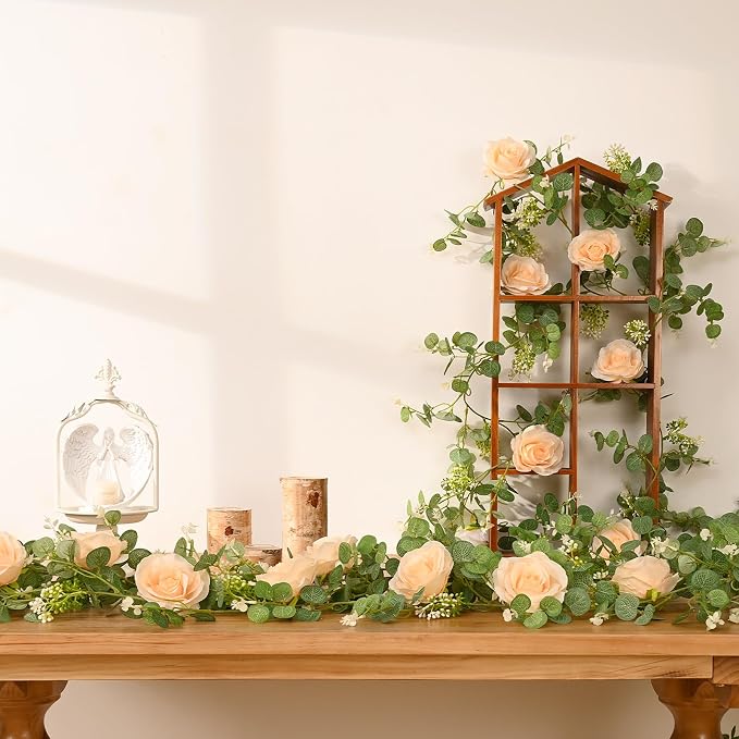 Dolicer 2Pcs 13Ft Artificial Eucalyptus Garlands with Flowers - 8 Roses, Faux Floral Greenery Garlands Fake Flowers Vines for Wedding Table Centerpieces Arch Party Ceremony Backdrop Decor (Champagne) - Image 5