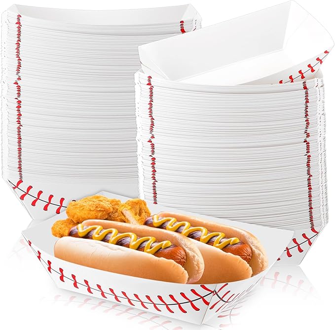 Roshtia 100 Pack Baseball Nacho Trays Paper Food Boats Disposable,2lb | Baseball Birthday Party Supplies, Red Stitching Design, Boat Shape for Hot Dogs Nachos, Decorations Game Day Celebrations by Roshtia