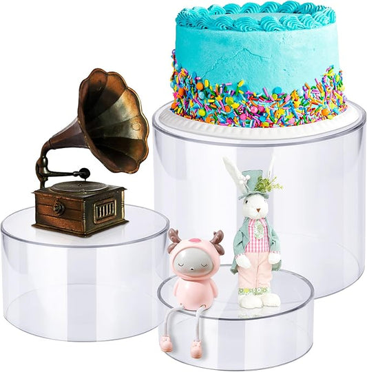 Weysat 3 Pcs Acrylic Risers for Display Stands, Round Cake Dessert Stand 3 Sizes, 6"x2", 7"x4", 8"x6", Food Risers Cylinder Nesting with Hollow Bottom for Wedding Parties Brunch Jewelry Show (Clear)