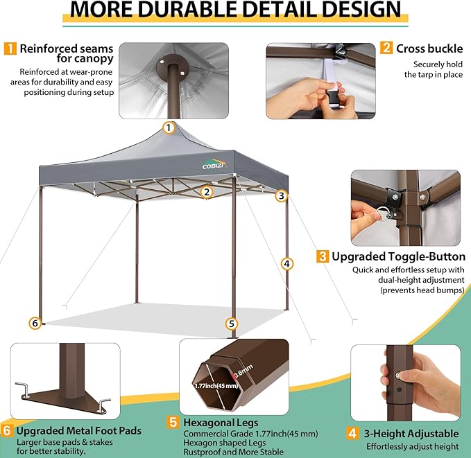 COBIZI 10x10 Pop Up Canopy Tent Heavy Duty with 4 Sidewalls, Commercial Easy Up Instant Canopy Outdoor for Events Party Wedding, All Weather Waterproof UV 50+ with Carry Bag (Leg Upgraded), Gray