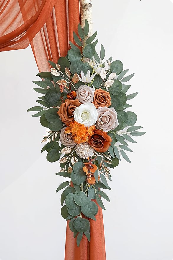 Olalaka Burnt Orange Artificial Wedding Arch Flowers Kit (Pack of 3) with 26Ft Terracotta Shiny Arch Draping Fabric for DIY Wedding Party Ceremony Reception Backdrop Floral Decoration - Image 8