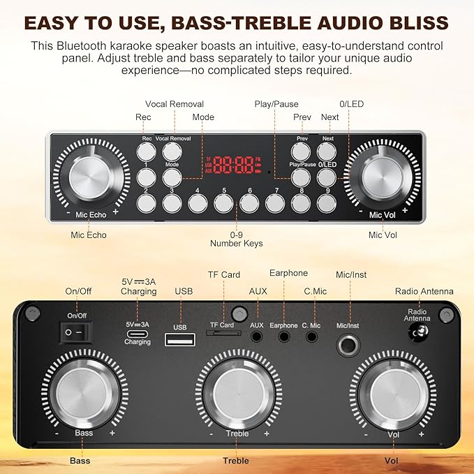 Karaoke Machine with 2 Wireless Microphones, Portable Bluetooth Speaker of Adults & Kids, PA System with Remote & Lights, Bass/Treble Control, Support USB/AUX/TF/FM, Party Speaker for Home