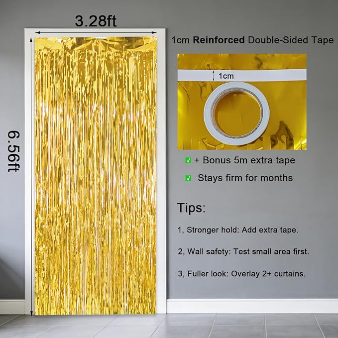 4 Pack Thickened Gold Metallic Foil Fringe Curtains Streamer Rip Resistant Shimmer Tinsel Photo Booth Backdrop for Birthday Wedding Christmas Bachelorette Party Decorations 3.28ft x 6.56ft