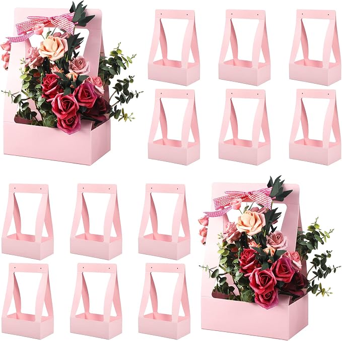 Teling 12 Pcs Flower Boxes for Arrangements Paper Pink Flower Gift Bags for Bouquets Portable Waterproof Floral Box with Handle for Wedding Floral Bar Party Decor Florist Supplies by Teling