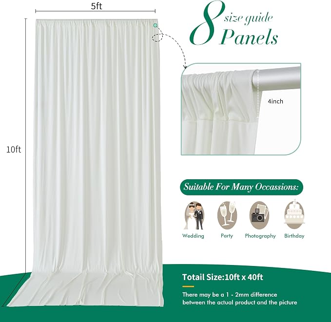 40 ft x 10 ft Wrinkle Free Ivory Backdrop Curtain for Wedding Parties, Polyester Ivory Photo Backdrop Drapes 8 Panels 5x10ft for Baby Shower Photoshoot Engagement Birthday Party Photography Background - Image 5