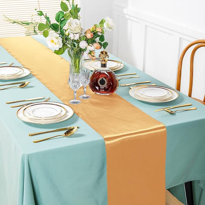 SI Pack of 30 Wedding 12 x 108 inch Satin Table Runner for Wedding, Decorations for Graduations, Engagements, Birthday Parties, Banquets, Runners fit Rectangle, Round Table - Champagne Gold - Image 2