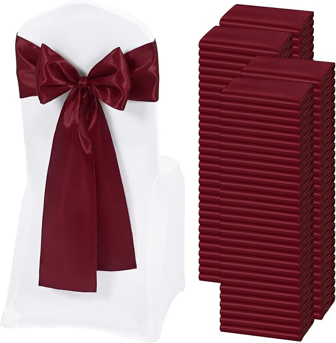 120 PCS Burgundy Satin Chair Sashes, 7 x 108 Inch | Ties Bows Designed Chairs Decorative, Chair Cover Sashes for Wedding Christmas Banquet Party Home Kitchen Decoration by REWOMC
