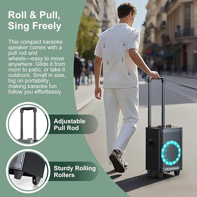 Portable Karaoke Machine with 2 Wireless Microphones, Bluetooth Speaker with Lights and Trolley Wheels, 6600mAh Rechargeable PA System, FM/AUX/USB/TF, Remote, Bass/Treble/Echo Adjust, Ideal for Party