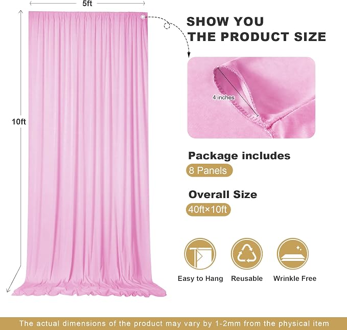 40x10ft Baby Pink Backdrop Curtains for Parties, 8 Panels 5x10ft Wrinkle-Free Polyester Background Curtains for Wedding, Birthday, Baby Shower,Graduation, Decorations - Image 5