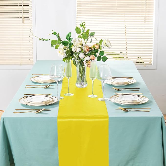SI Pack of 5 Wedding 12 x 108 inch Satin Table Runner for Wedding, Decorations for Graduations, Engagements, Birthday Parties, Banquets, Runners fit Rectangle, Round Table - Yellow - Image 4