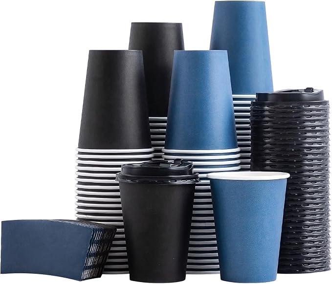 SIUQ 500 Pack 12 oz Coffee Cups with Lids, Disposable Hot Paper Coffee Cups | Black & Blue To Go Paper Cups with Lids and Sleeves for Thanksgiving, Party, Home, Shop, Office, Christmas, Travel and Events by SIUQ
