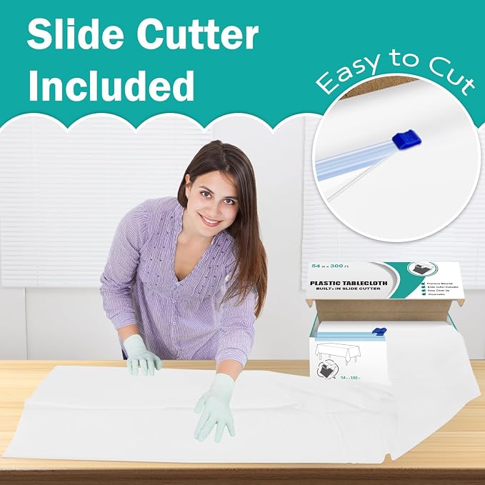 54 Inch x 300 Feet White Plastic Tablecloth Roll Disposable Table Cloth with Cutter Box Plastic Table Cover for Party - Image 3