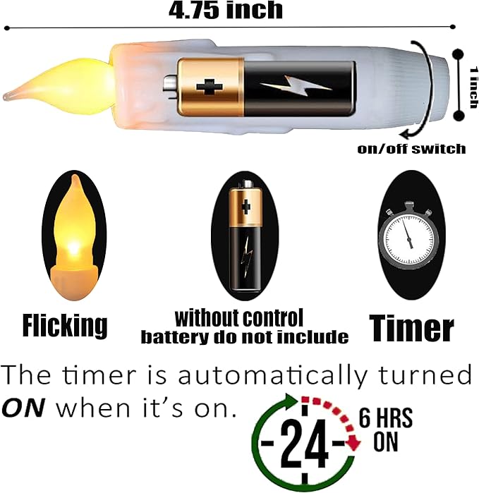 LINCOUNTRY.Short White Taper Candle Battery Operated Flameless Led Taper Candles with Timer,Primitive Small Candlesticks Flickering Flame,4.75Inch Christmas Halloween Decor