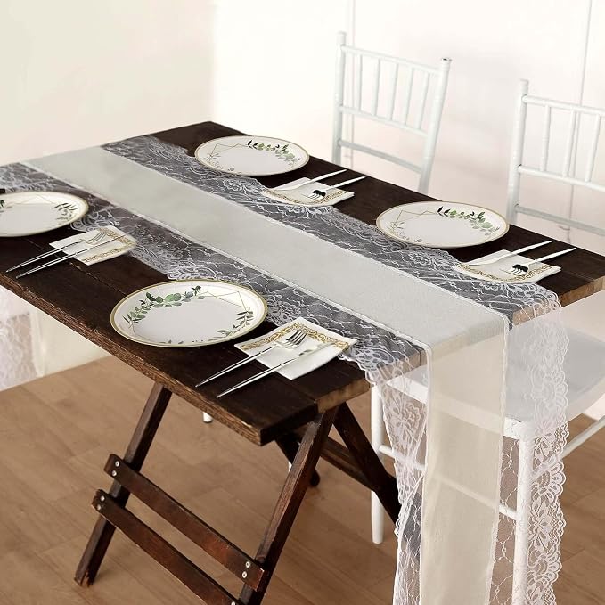 Efavormart 16"x108" Ivory Faux Burlap Jute Lace Table Runner Boho Chic Rustic Decor - Image 2