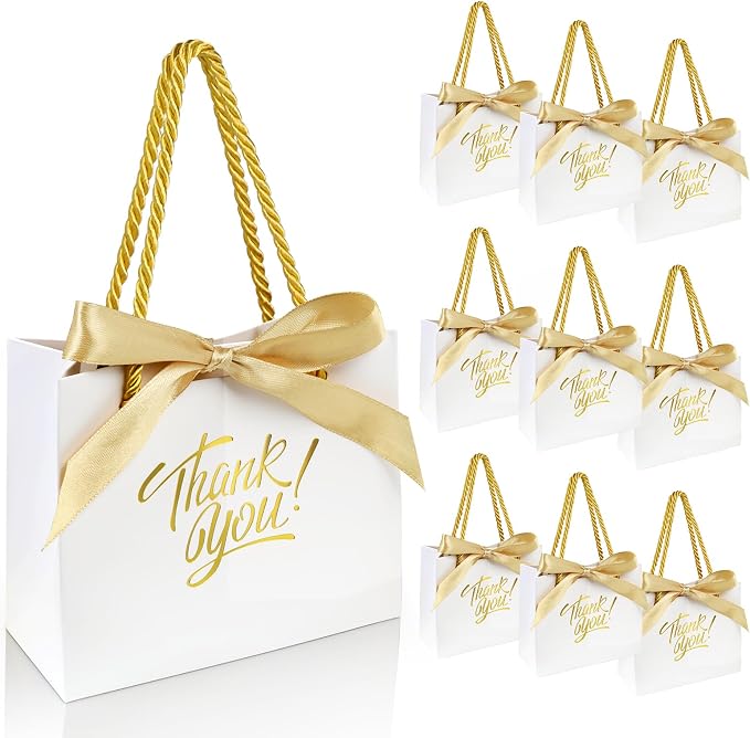 EQOREIIN 100 Pack Small Thank You Gift Bags with Handles & Ribbon, White | 5.5 x 2.4 x 4.7 Inches Mini Gift Bags for Girls Kids Birthday Mother's Day Wedding Christmas Goodie Candy Party Favors by EQOREIIN