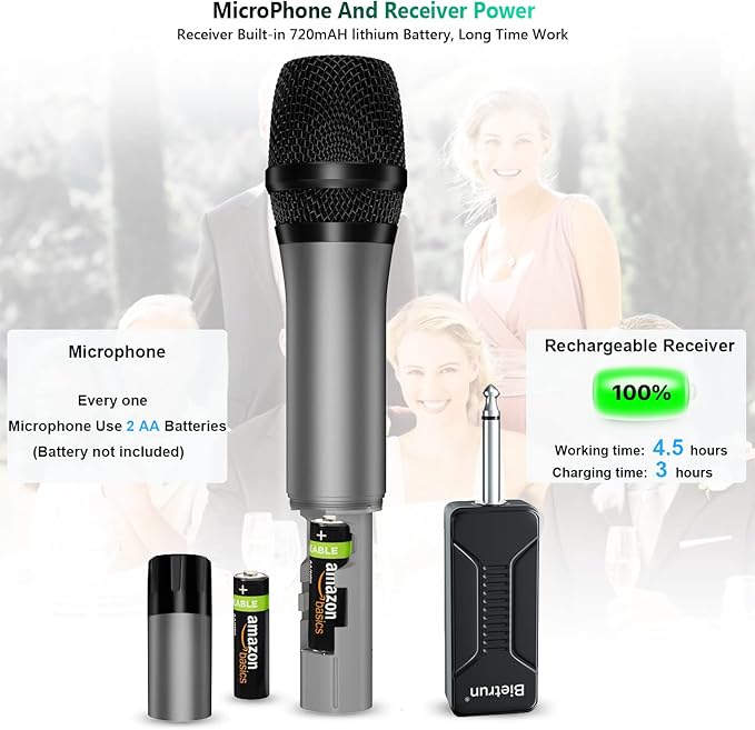 Wireless Microphone, Bietrun UHF Metal Dual Handheld Cordless Dynamic Mic System with Rechargeable Receiver, 1/4‘’Output, for Karaoke, Church, Speech, Wedding, Party Singing(160 ft Range)-Auto Connect