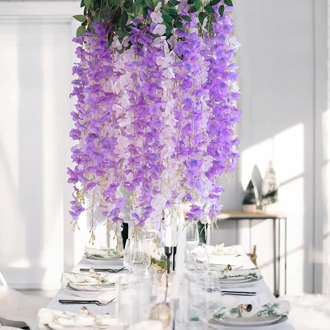 24Pcs Wisteria Hanging Flowers, White & Purple Artificial Flowers | 3.6Ft/Pcs Fake Wisteria Garland for Wedding Party Home Garden Indoor Outdoor Decoration - Image 3