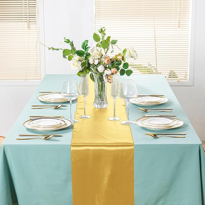 SI Pack of 10 Wedding 12 x 108 inch Satin Table Runner for Wedding, Decorations for Graduations, Engagements, Birthday Parties, Banquets, Runners fit Rectangle, Round Table - Light Gold - Image 4