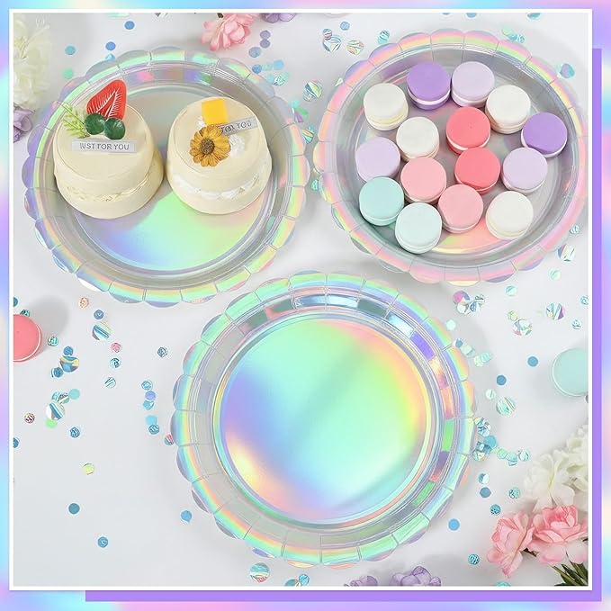 30 Pcs Iridescent Plates Disposable 9 Inch Scalloped Holographic Plates Sliver Birthday Cake Dessert Plate for Mermaid, Disco, Unicorn Birthday