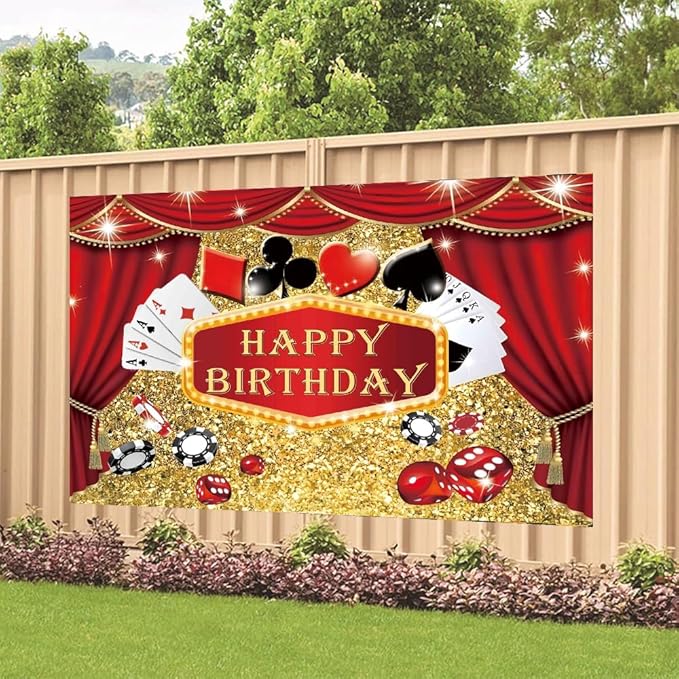 Casino Theme Birthday Party Backdrop Las Vegas Casino Happy Birthday Banner Poker Photography Background for Home Decorations Party Supplies 70.8 x 47.2 Inch