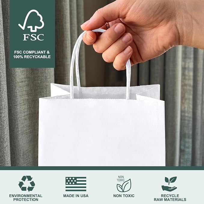 METRONIC Gift Bags 5.25x3.75x8 100Pcs, White Paper Bags with Handles Bulk | Recycled Kraft Paper Bag for Small Business, Heavy Duty Shopping Bag for Birthday Party Favors Retail - Image 7