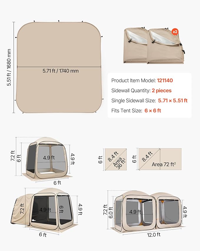 VEVOR Sidewalls for Screen House Gazebo, for VEVOR 6 x 6 ft Screen House Tent, Sun Protection, 5.51 x 5.71 ft 300D Oxford Silver-Coated Fabric, Pack of 2 (Not Include Tent), for Outdoor Activities