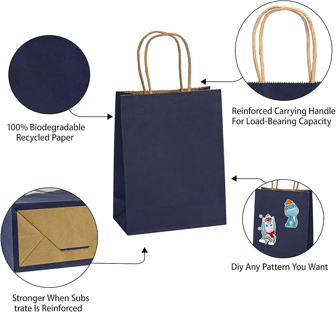 MOZRRO Gift Bags with Handles 100 Pack, 10.5x8.5x4.5 Inch Medium Size | Kraft Paper, Recycled, Sturdy Handles, Gentleman Blue, For Birthday, Bulk, Party Favor, Lunch, Gift Giving - Image 3