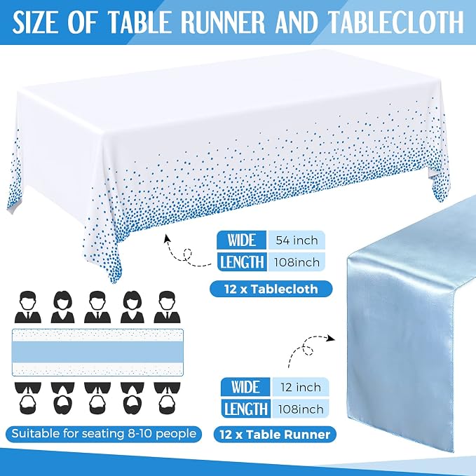 24 Packs Tablecloths Satin Runner Baby Blue and White Graduation | 54x108 Inch Disposable Tablecloth and 12x108 Inch Satin Runners for Wedding Birthday Party Baby Shower Christmas New Year - Image 2