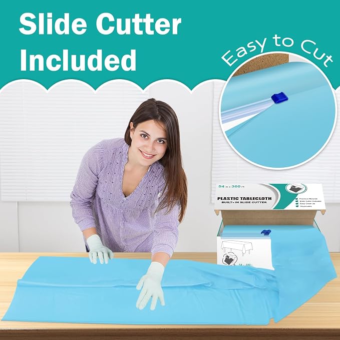 54 Inch x 300 Feet Light Blue Plastic Tablecloth Roll Disposable Table Cloth with Cutter Box Plastic Table Cover for Party - Image 3