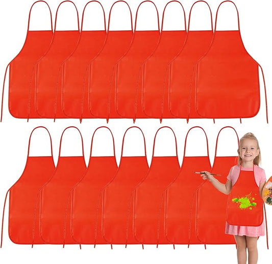 PLULON 30 Pcs Kids Apron Painting Aprons, Kids Aprons for Painting Red Aprons Art Apron Smocks Bulk for Art Activity Craft Home Kitchen Classroom Party Supplies