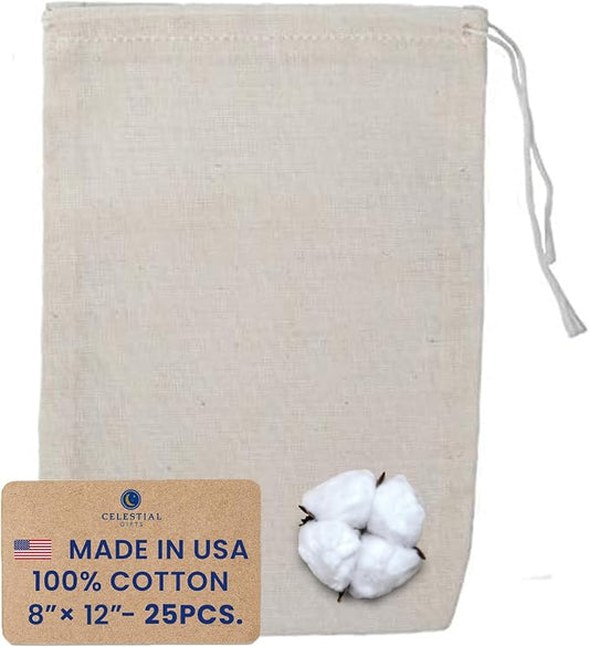 Celestial Gifts Large Muslin Drawstring Bags, 8x12, Reusable 100% Cotton | Bulk 25 Pcs Cotton Muslin Drawstring Gift Bags for Party Favor & DIY Crafts, Made in USA, with Natural Hem & Drawstring by CelestialGifts