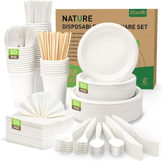 400PCS Compostable Paper Plates Set, Disposable Eco-friendly Dinnerware Set, Biodegradable Heavy-Duty Paper Plates, Utensils, Cups and Straws for Party Camping 50 (White) by FEHHTOEco-friendlyLiving