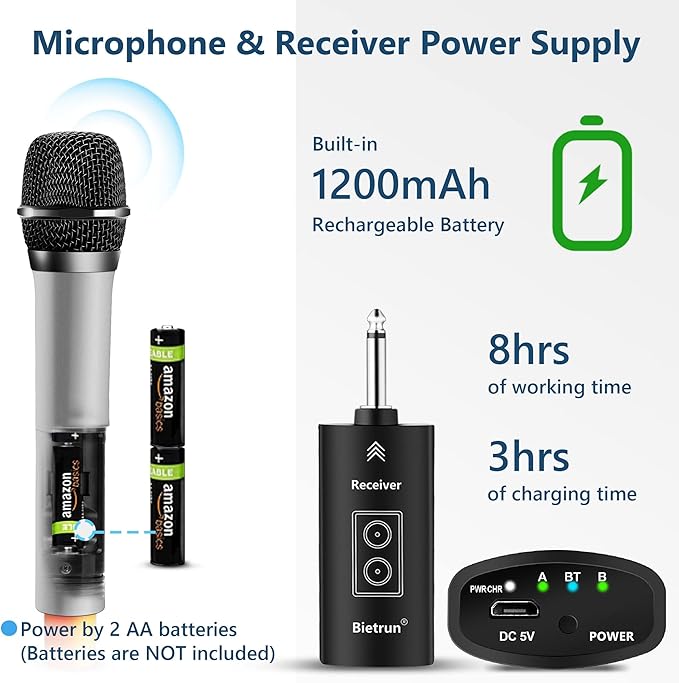 Bietrun Wireless Microphones with Echo,Treble,Bass&Bluetooth,160FT Range,Portable UHF Handheld Karaoke Dynamic Microphone System with Rechargeable Receiver for Karaoke,Singing,Amp,PA System,DJ,Stage