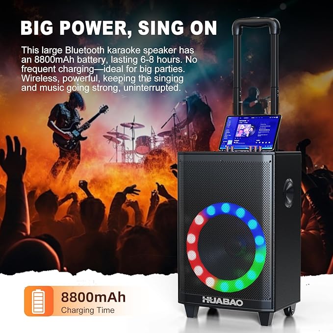 Large Bluetooth Karaoke Speaker with 2 Wireless Microphones, 11 Speaker System with 8800mAh Battery, Trolley PA System with Lights, Remote, FM/AUX/USB/TF, Bass & Treble Adjust, Ideal for Outdoor Party