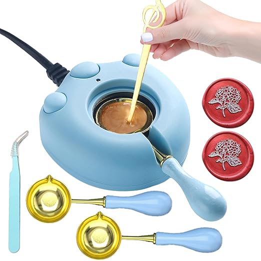 Electric Wax Seal Warmer, Andotopee Wax Sealing Melter with 2pcs Spoons, Tweezers, Stir Pin, Great Melting Furnace Kit Fast Melting WaxSeal Bedas for Envelope Stamp Seals Craft, Blue