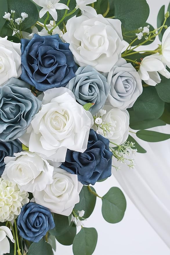 Olalaka Dusty Blue Artificial Wedding Arch Flowers Kit (Pack of 3) with 26Ft White Shiny Arch Draping Fabric for DIY Wedding Party Ceremony Reception Backdrop Floral Decoration - Image 4