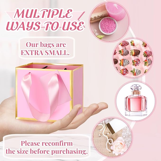 Yeaqee 25 Pcs Mini Metallic Paper Gift Bags with Handle, Pink, Gold | 4.75x2.25x4'' Small Gift Bag with DIY Tag, Tiny Thank You Party Favor, Wedding Baby Shower Birthday Back to School Jewelry - Image 3