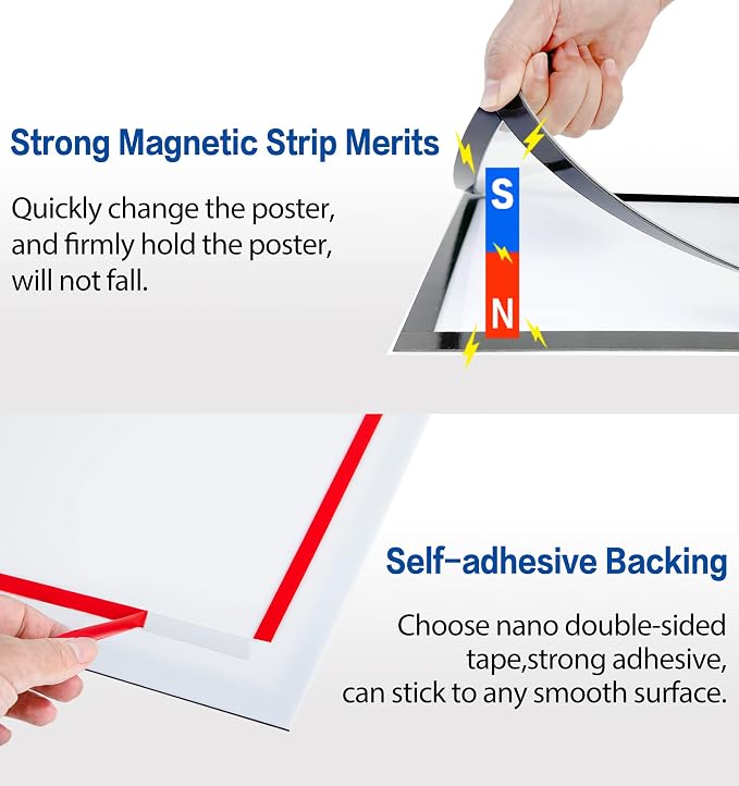 8.5" x 11" Acrylic Sign Holder Wall Mount, Self Adhesive Magnetic Display Frame with Nano Tape and Strong Magnetic Frames for Wall, Door, Glass, Home, Store, Office (Black, 3Pack) - Image 5