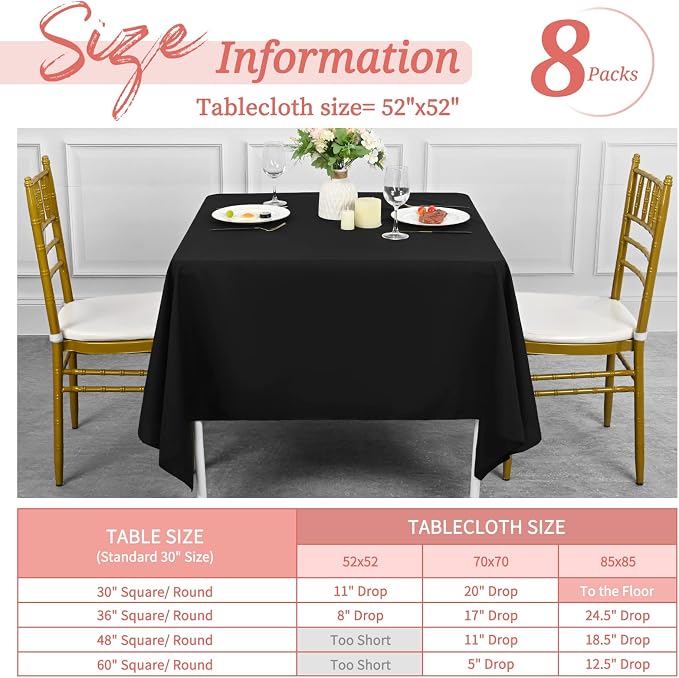 Showgeous 8 Pack White Polyester 52x52 Inch Tablecloths | Soft polyester, wrinkle resistant, fade resistant, smooth finish, fine stitching, folded hems, reusable, machine washable - Image 2