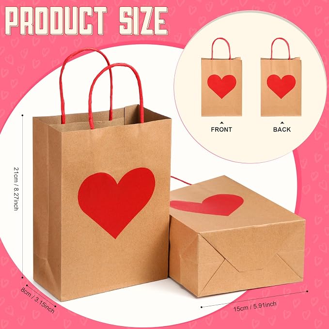 Engrowtic 150 Pcs Valentines Day Gift Bags Valentines Candy Goodie Bags with Handles Heart Love Paper Wrapping Kraft Bags for Galentines Gifts Packing Party Favors - Image 2