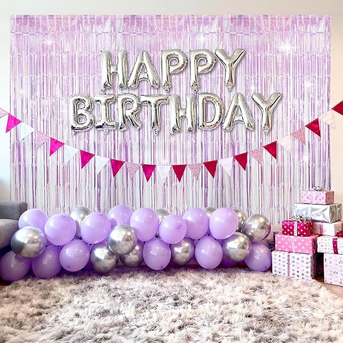 Purple Iridescent Streamer Backdrop Dazzle Tinsel Curtain Door Backdrop Photo Prop, 4 Pack 6.56 FT Glitter Fringe Curtain for Easter Bachelorette Gay Pride Day Birthdays Engagement 80s 90s Disco Party