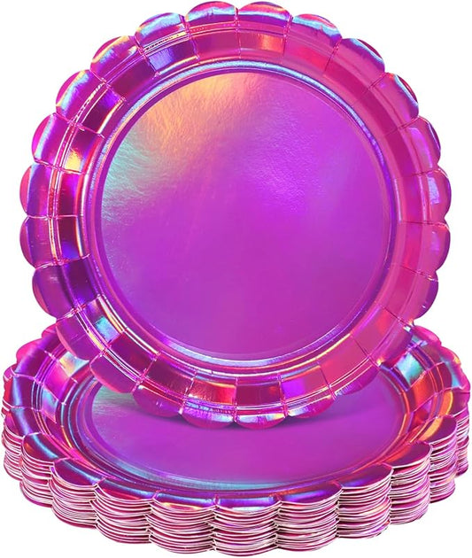 NatNarr 30 Pk Iridescent Pink Plates 9" Halloween Dessert Cake Plates | Scalloped Iridescent Party Plates Hot Pink Plates for Kpop Birthday, Mermaid, Women Bachelorette, Oil-and Water-Resistant by NatNarr