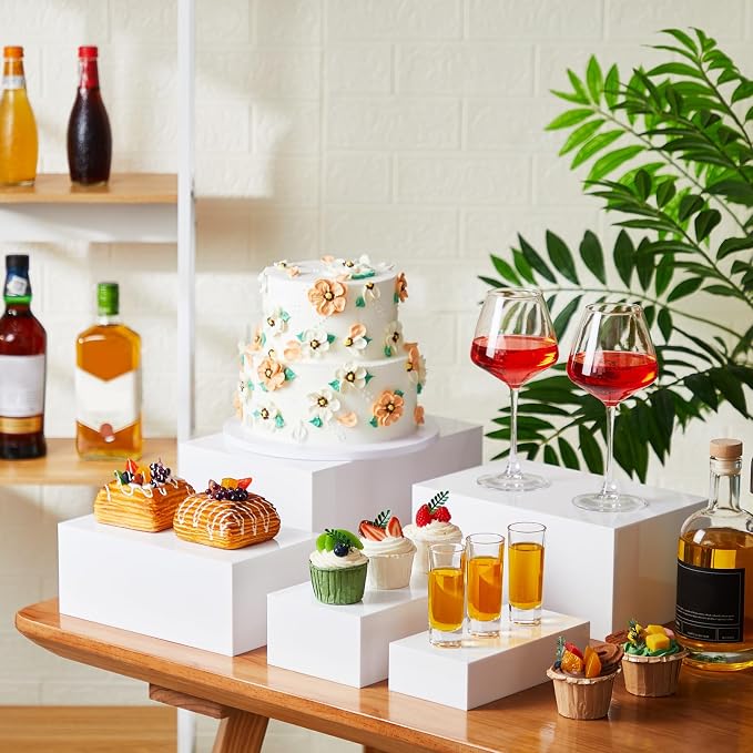 Sintuff 5 Pcs Buffet Risers and Display Stand 8" 9" 10" 11" 12" Large Acrylic Dessert Cupcake Table Stand Set White Food Display Cube for Jewelry Figure Show Decor Box Nesting Riser with Hollow Bottom - Image 3