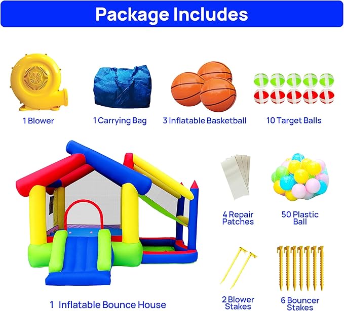 Inflatable Bounce House with Slide, Jumping Castle with Blower and Ball Pool, Basketball Game, Dart Target Game