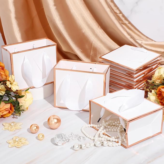 Yeaqee 50 Pcs Mini Metallic Paper Gift Bags with Handle, White, Rose Gold | 4.75x2.25x4'' Small Gift Bag with DIY Tag, Tiny Thank You Party Favor, Wedding Baby Shower Birthday Back to School Jewelry - Image 5