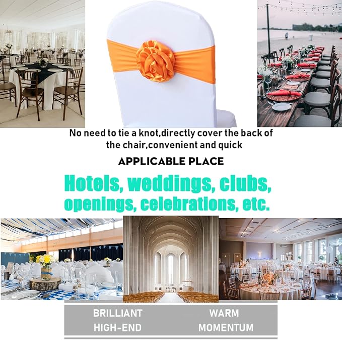 Spandex Stretch Flower Chair Sashes Chair Bands Polyester Bows for Party Hotel Wedding Banquets Decoration （Orange 12 PCS） - Image 3