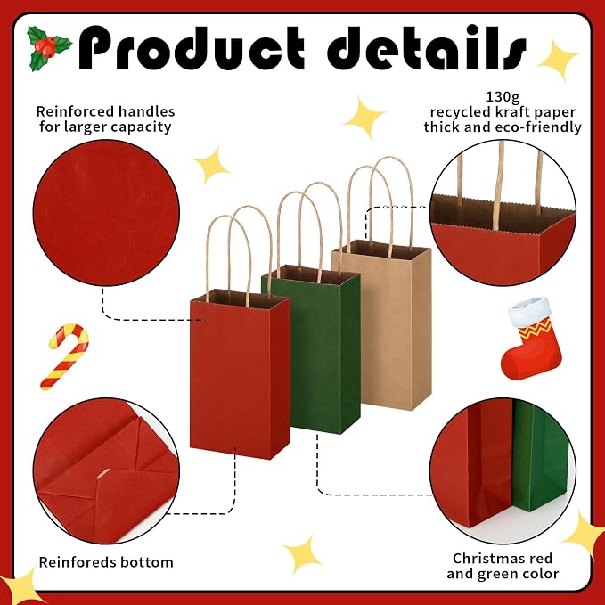 Kolldenn 120 Pcs Brown Red and Green Christmas Gift Bags Holiday Gift Kraft Paper Bags with Handles for Wedding Baby Shower Bridal Shower Shopping Party Favor Business(6.1 x 3.5 x 2.3 Inches) - Image 3
